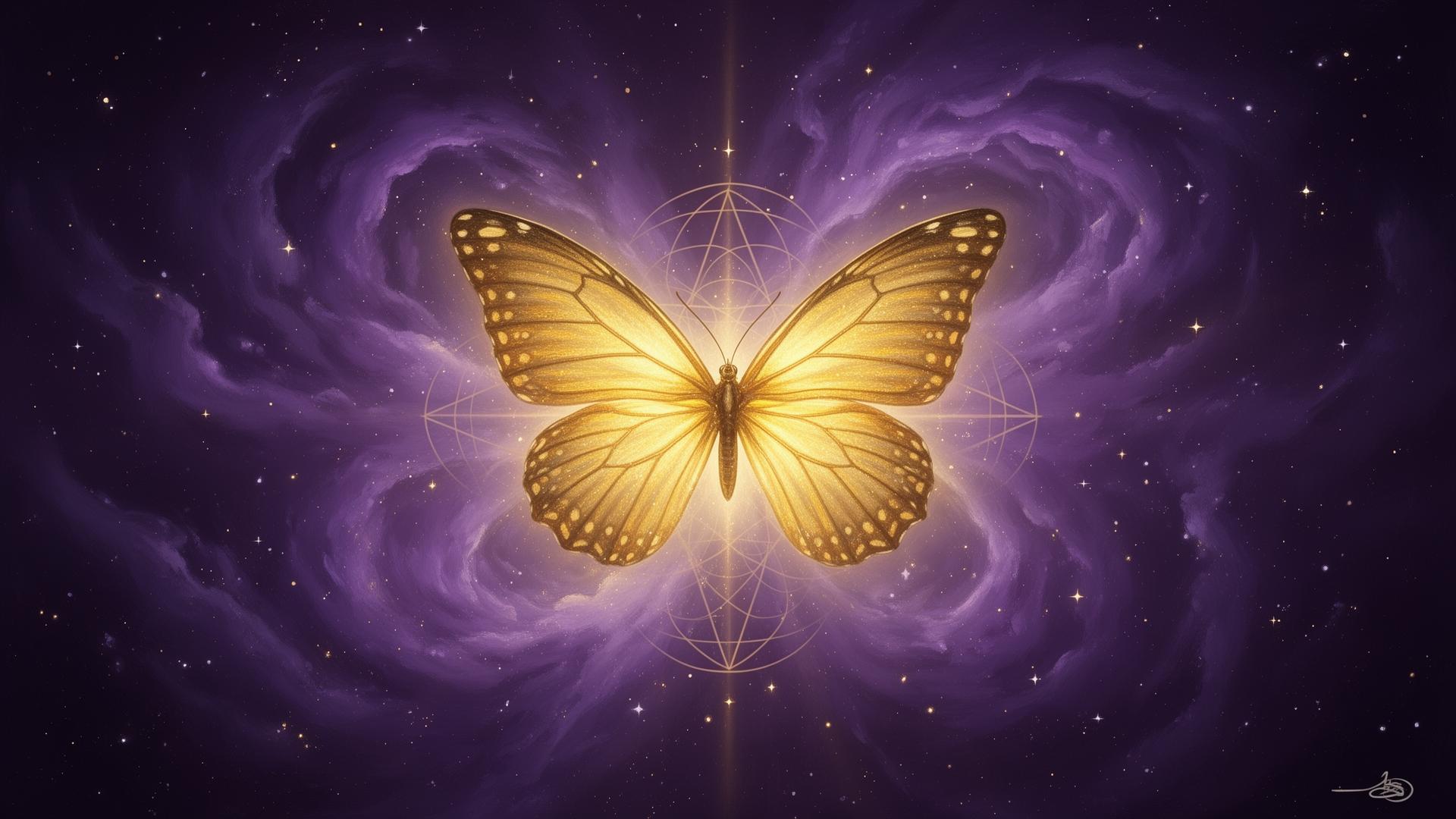 Golden butterfly emerging from a violet cosmic nebula