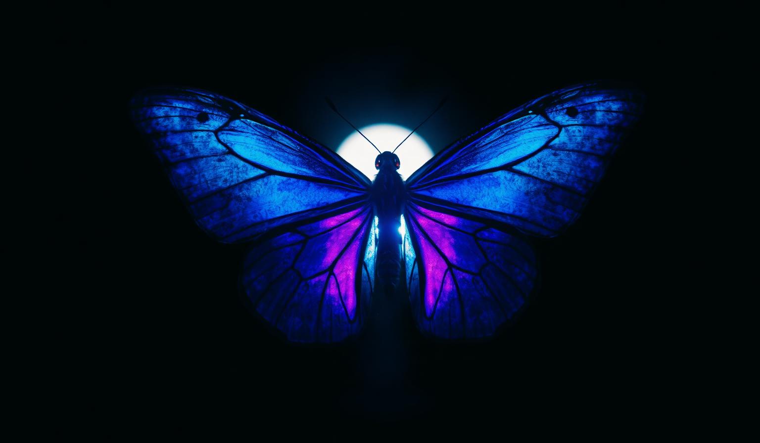 Golden butterfly emerging from a violet cosmic nebula