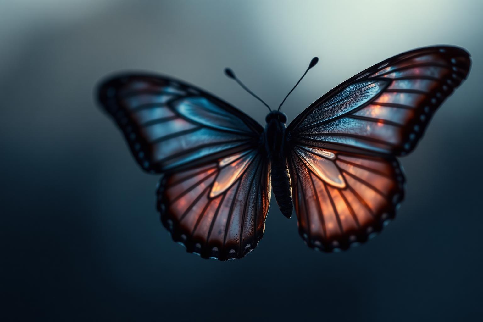 Luminous golden butterfly emerging from a violet cosmic nebula