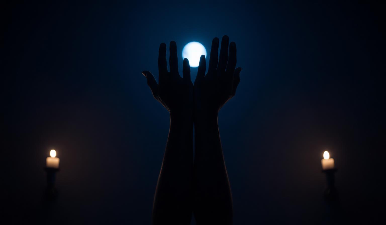 Golden hands holding violet healing energy beneath a starry sky
