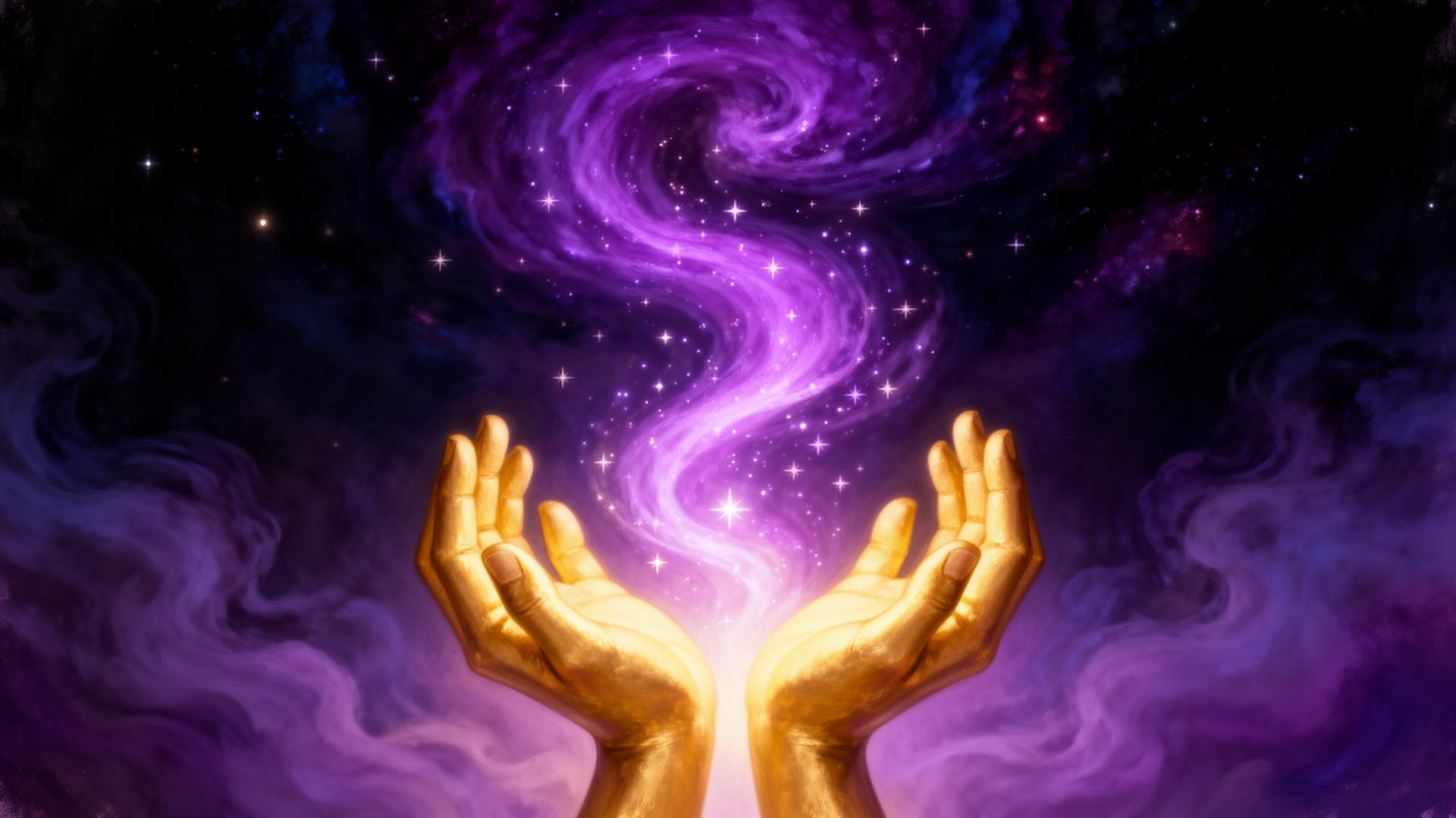 Golden hands offering violet light