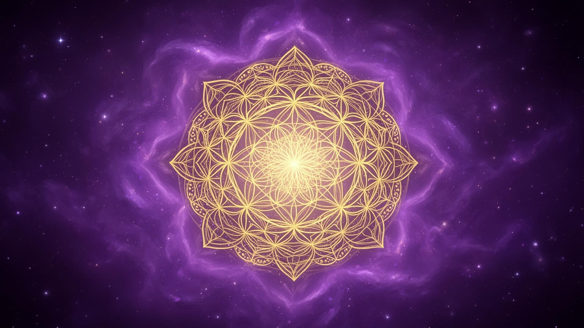 Golden sacred geometry mandala glowing in violet nebula