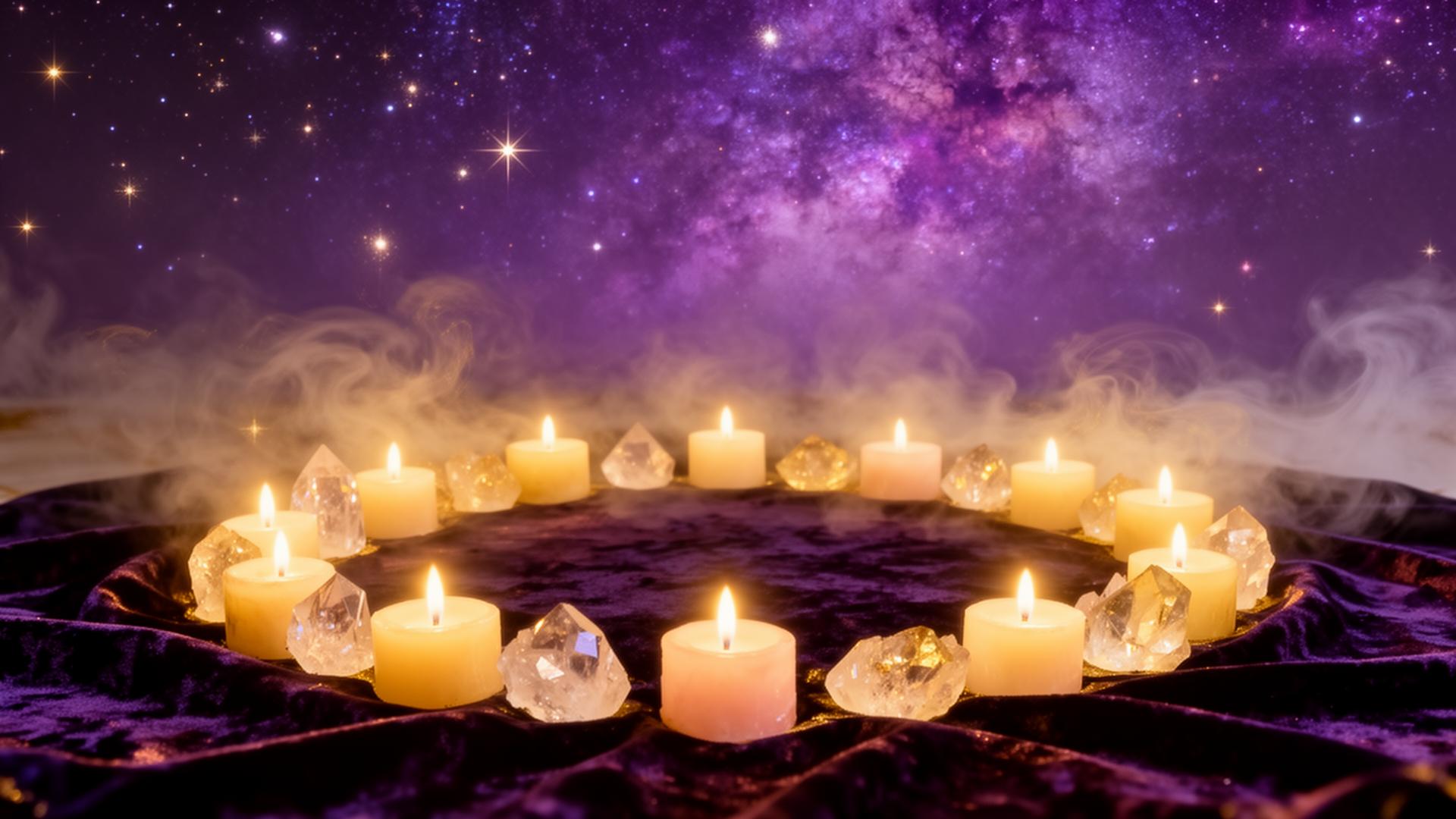 Circle of candles and crystals beneath a starry violet sky