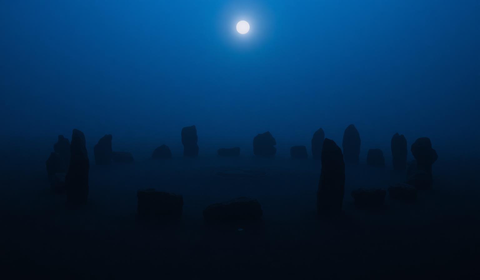 Circle of candles and crystals beneath a starry violet sky