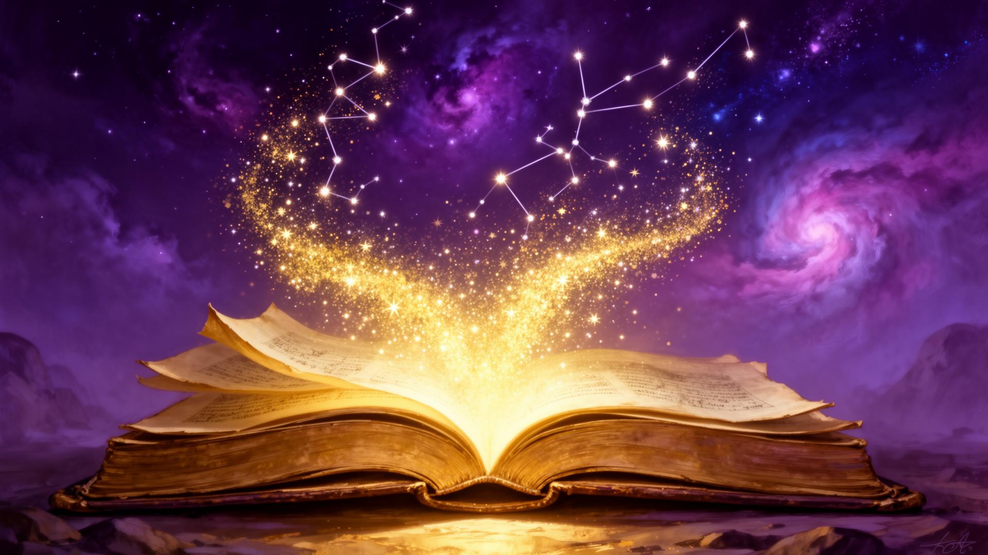 Open ancient book releasing golden stardust into a cosmic sky