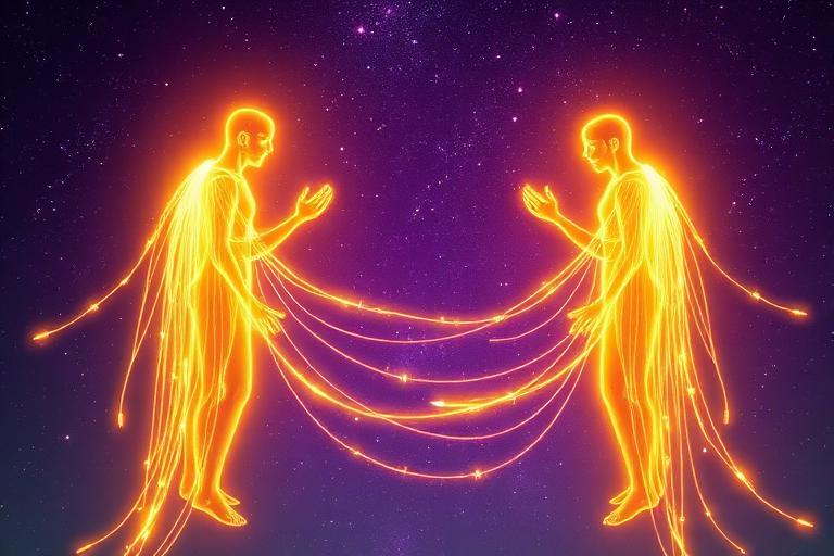 Two luminous figures linked by golden energy — living with deep connection