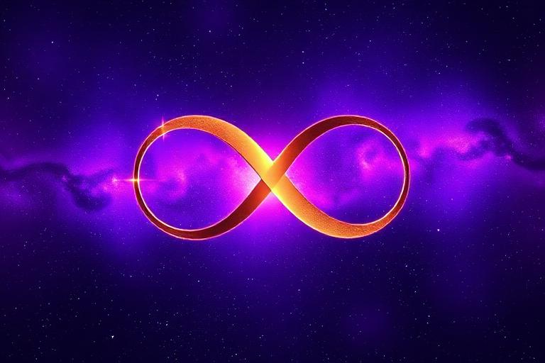Golden infinity symbol in a starry violet nebula — exploring the mystic life