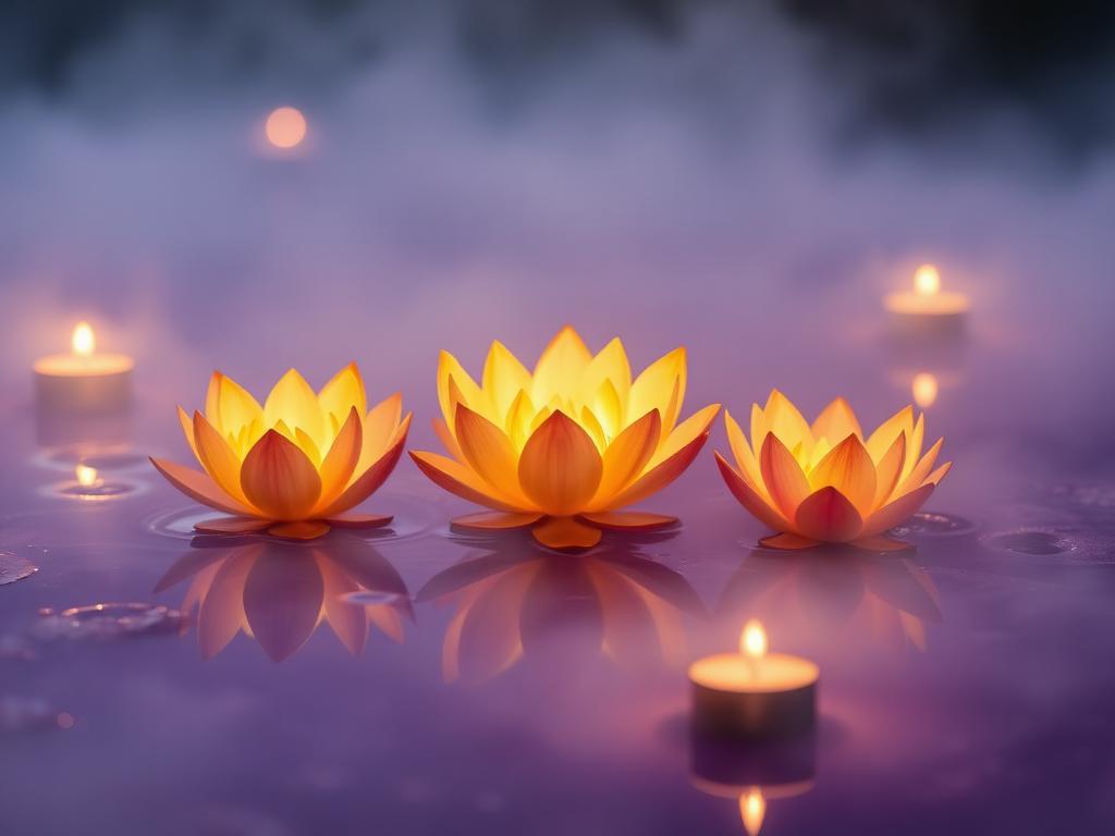 The Process — three glowing lotus flowers blooming on still water