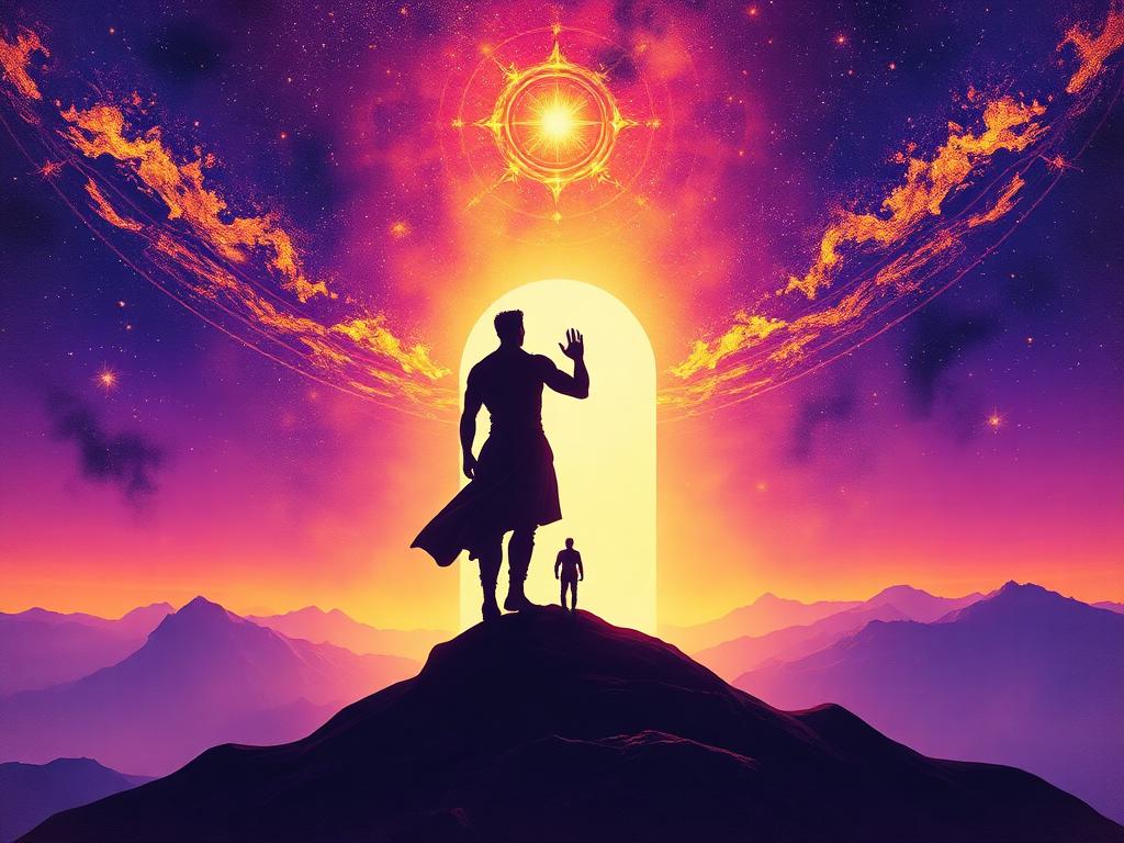 Your Role — a silhouetted hero stepping through a luminous golden doorway into the cosmos