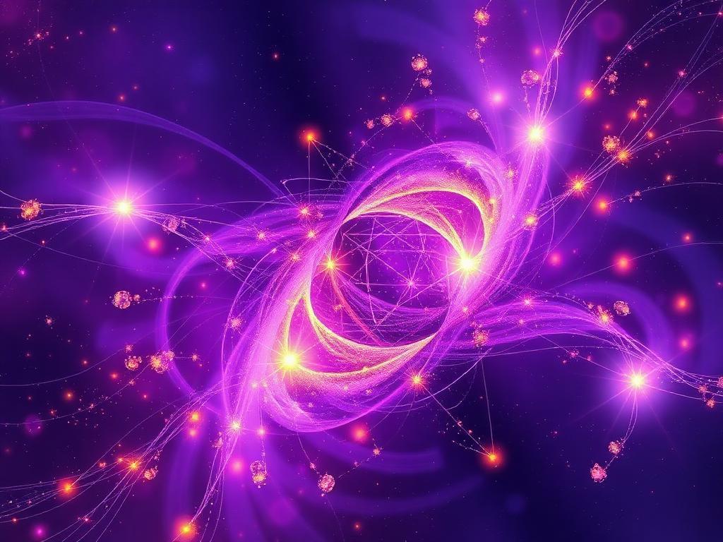 The Science — cosmic energy fields and quantum particles in violet and gold