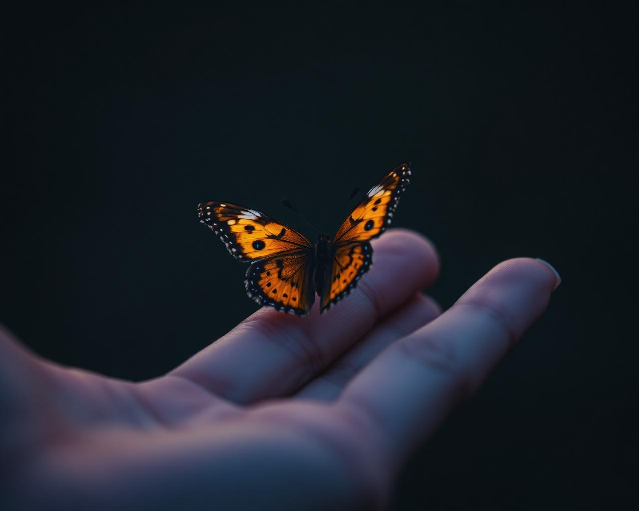 The Butterfly Experience — luminous golden butterfly emerging against a violet starry sky