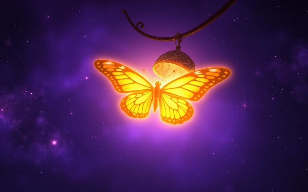 The Butterfly Experience — luminous golden butterfly emerging against a violet starry sky