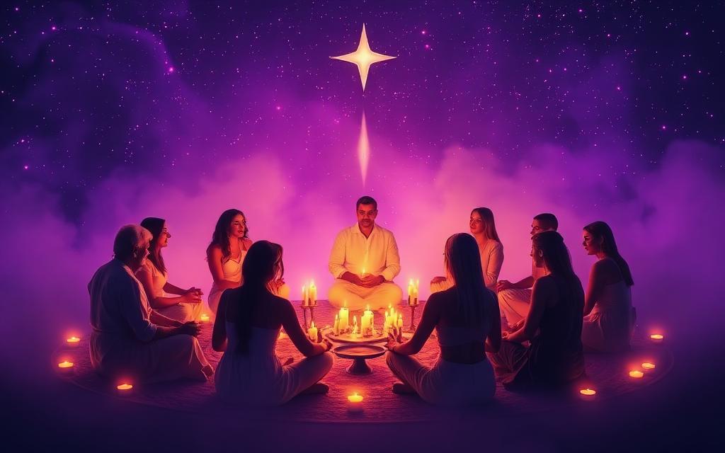 Metamorphosis Healing Circle — group seated around glowing candles under a starry sky