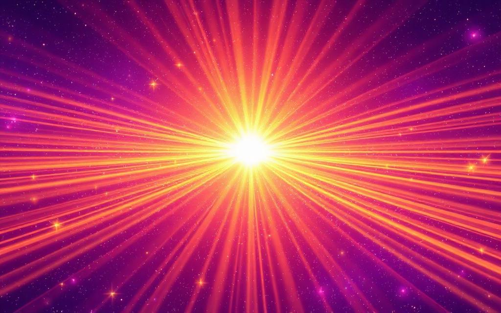 Resonant Light Therapy — radiant beams of golden healing light pulsing through violet space