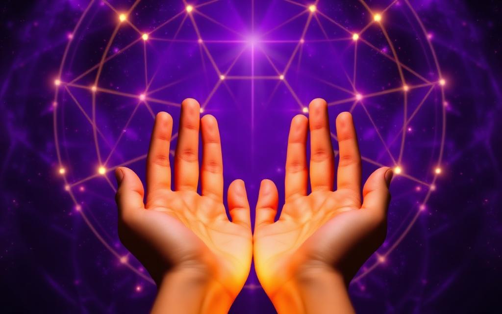 Private Healing Sessions — glowing hands surrounded by sacred geometry in a violet cosmos