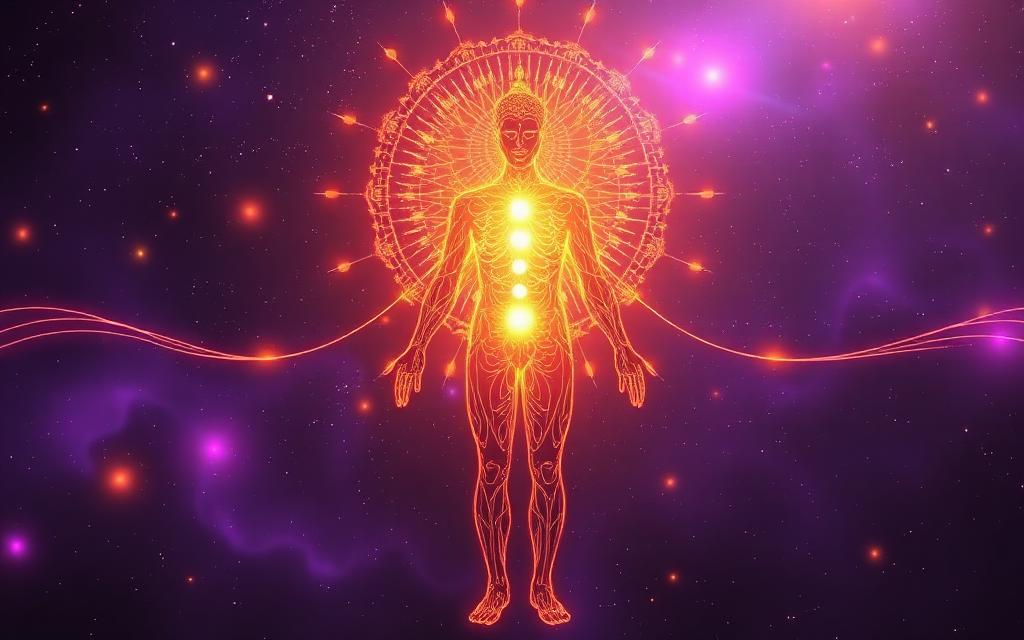 Bio-Energetic Scanning — luminous human body with chakra energy fields and frequency waves