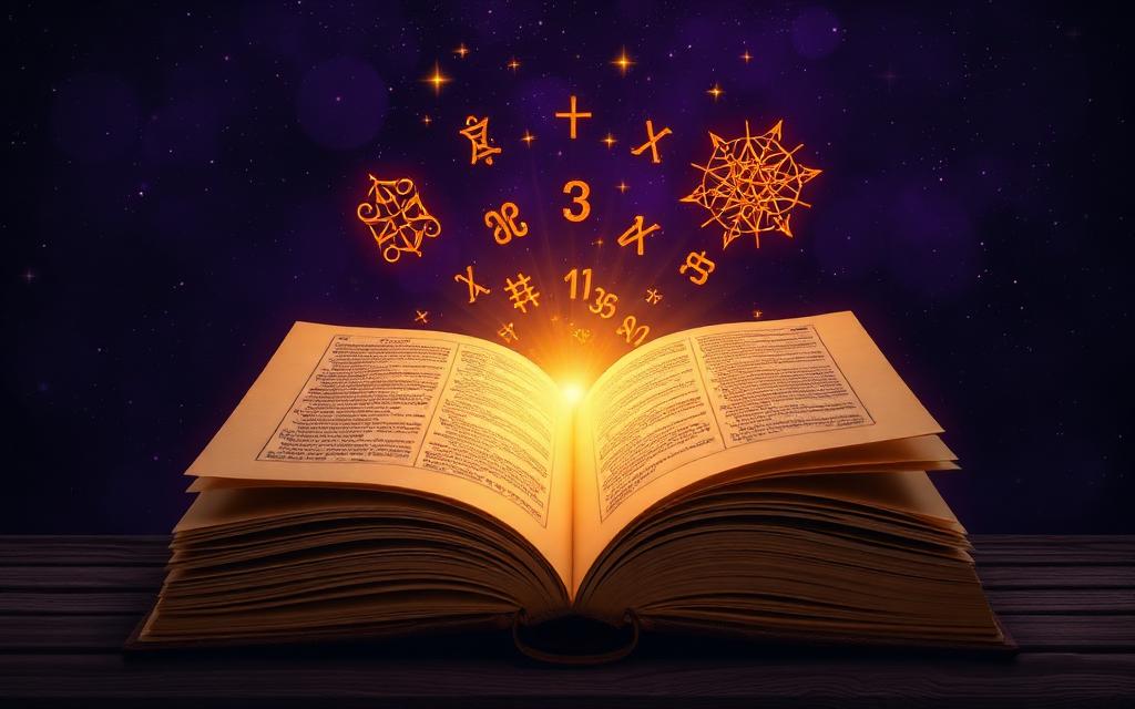Wisdom Teachings — open ancient book glowing with sacred symbols and golden light