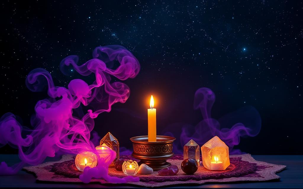 What each private healing session includes — sacred altar with crystals and a lit candle in violet cosmic atmosphere