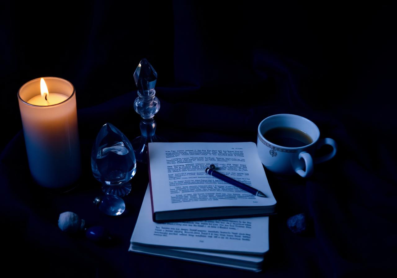 What each private healing session includes — sacred altar with crystals and a lit candle in violet cosmic atmosphere